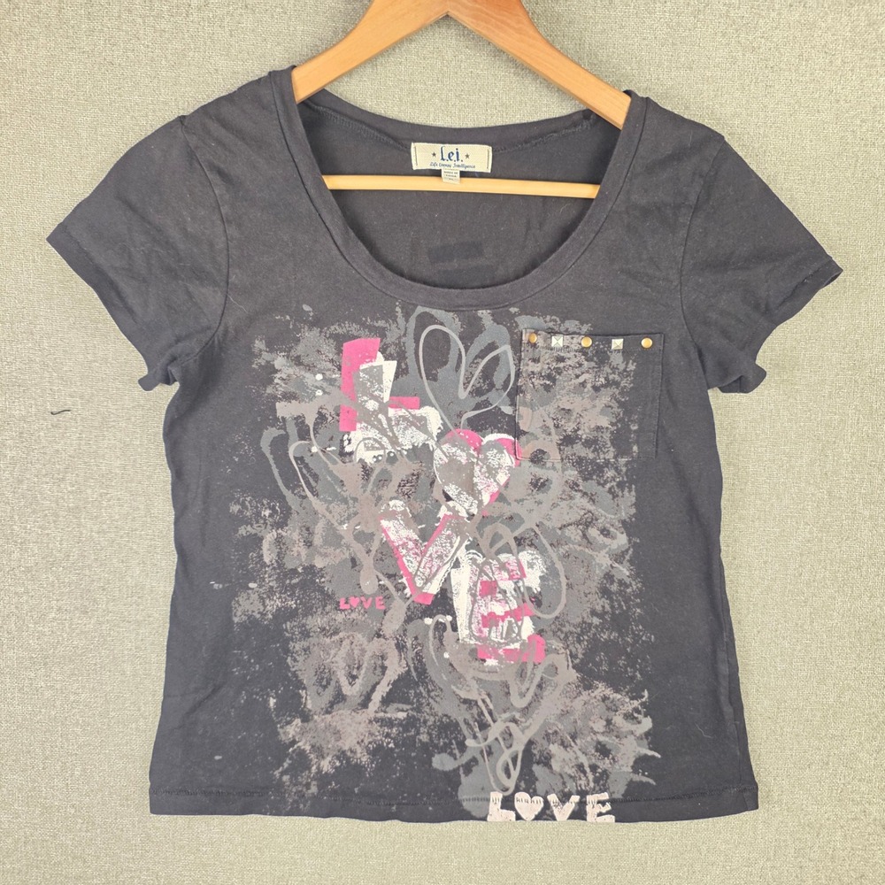 LEI Love Graphic Studded Pocket T-Shirt Black Cotton Juniors XL Y2K AW28321